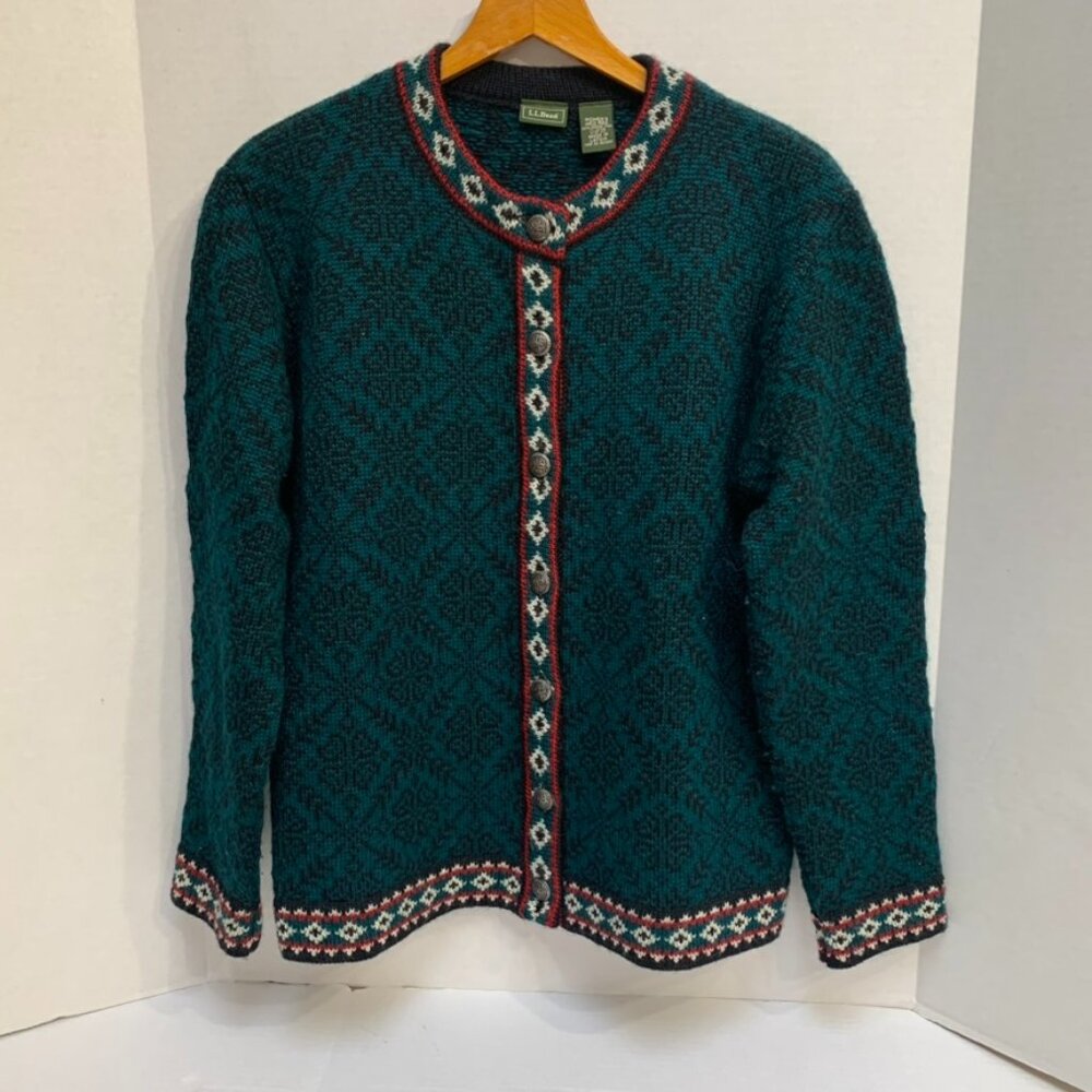 Vintage LL Bean Womens Medium Nordic FairIsle Darge Green Cardigan
